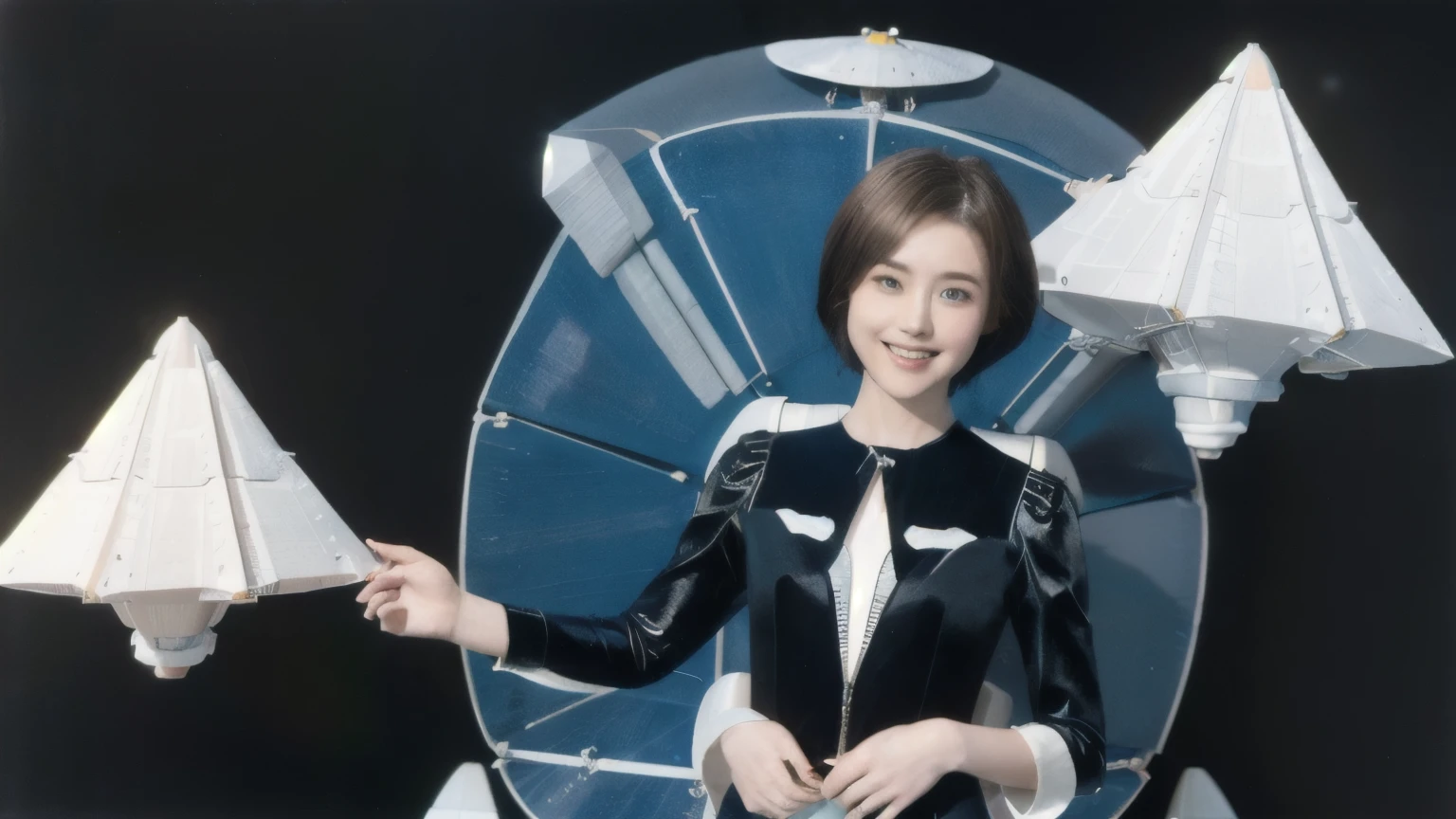 268 (20-year-old princess,Are standing), ((short hair:1.46)), (chest:1.46), Old-fashioned smile, (flower), (Spaceship:1.46)