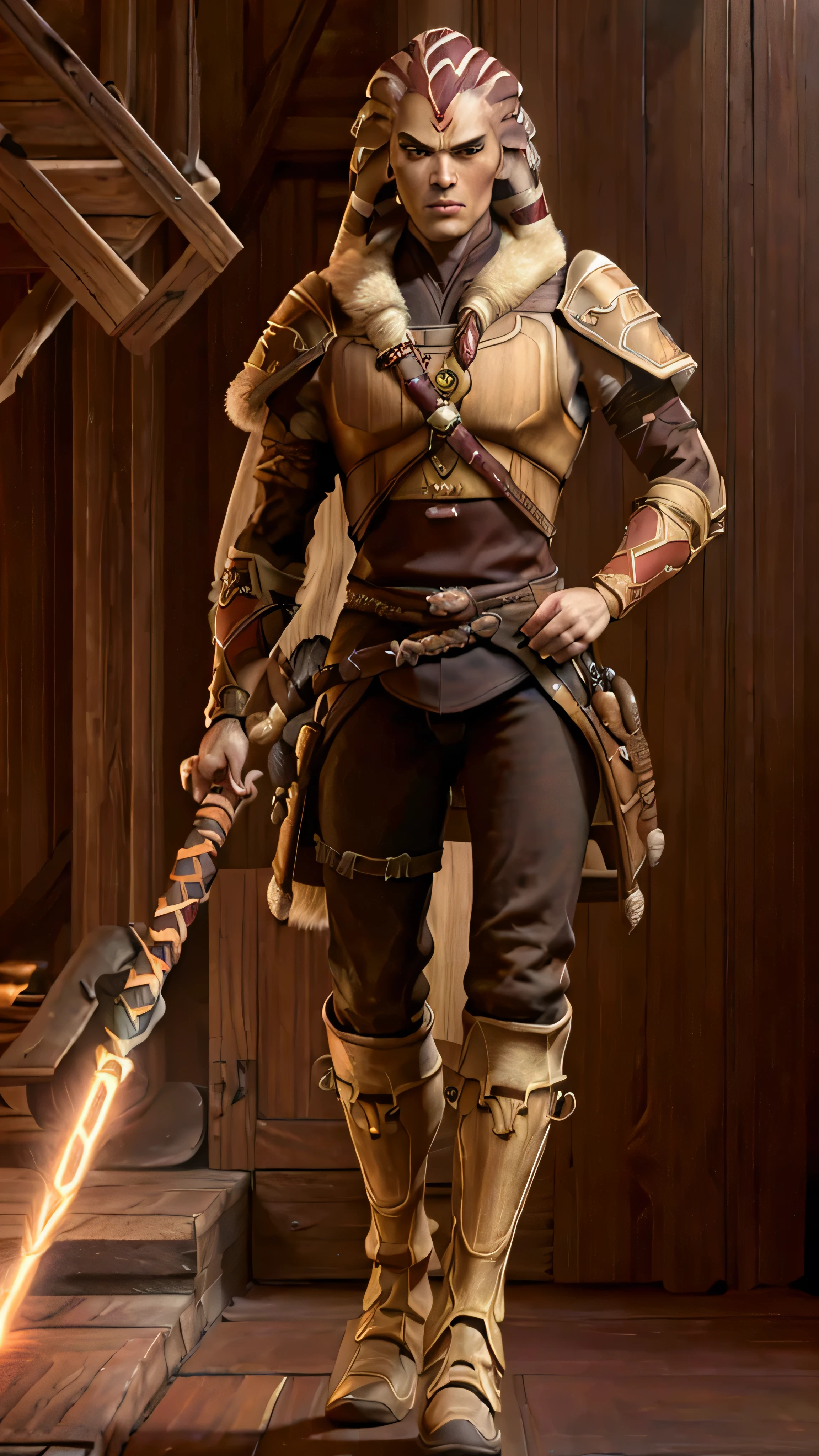 male, warrior, pale brown skin, (wooden staff), brown armor, fur, maroon guantlets, boots, (masterpiece, best quality), (hyper realistic:1.6), ((detailed face)), ((award-winning)), (sharp), (8k resolution), (cinematic lighting)