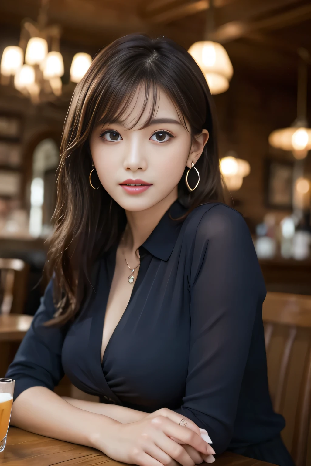 masterpiece, Highest quality, Realistic, Very detailed, Finer details, High resolution, 8k wallpaper, One beautiful woman, Wear a navy blue see-through blouse, In a great pub, At night, Light brown messy hair, Perfect dynamic composition, Beautiful and beautiful eyes、Big earrings、Sitting in a chair、