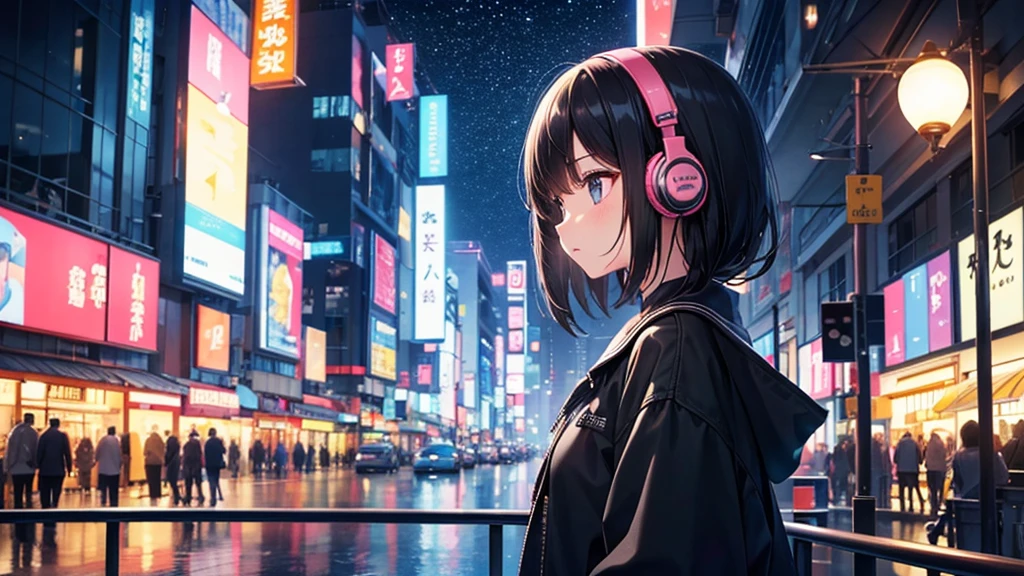 Traveling Inside the Zoo。A young girl with black hair wearing stylish clothes and headphones labeled "Lo-Fi" The girl is shown in profile, gazing into the distance with a calm, relaxed expression Background depicts the iconic scenery of Namba, Osaka at night, without any text on signs A starry night sky adding to the peaceful atmosphere Overall mood is quiet and serene, perfect for Lo-Fi music Detailed hair rendering and careful attention to the girl's fashionable outfit The entire scene should evoke a relaxing, introspective feeling associated with Lo-Fi music