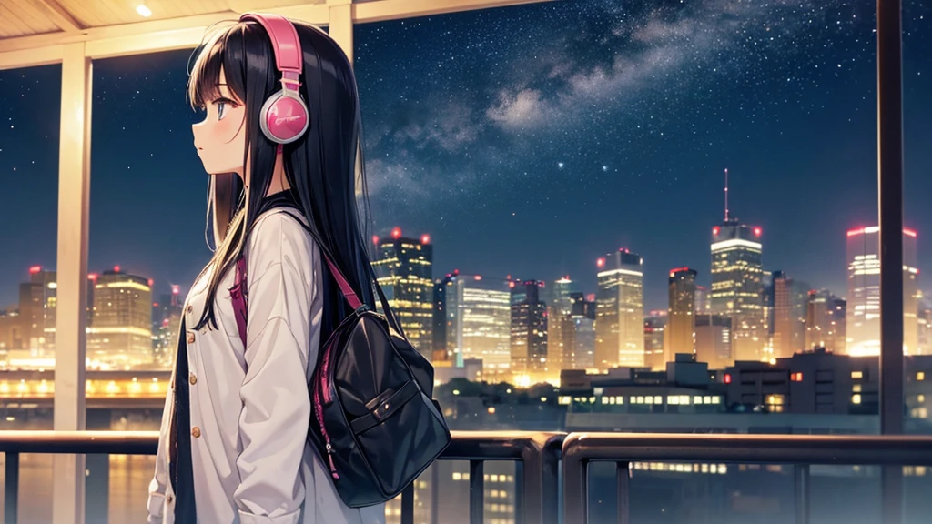 Traveling Inside the Zoo。A young girl with black hair wearing stylish clothes and headphones labeled "Lo-Fi" The girl is shown in profile, gazing into the distance with a calm, relaxed expression Background depicts the iconic scenery of Namba, Osaka at night, without any text on signs A starry night sky adding to the peaceful atmosphere Overall mood is quiet and serene, perfect for Lo-Fi music Detailed hair rendering and careful attention to the girl's fashionable outfit The entire scene should evoke a relaxing, introspective feeling associated with Lo-Fi music