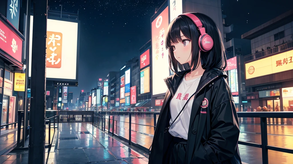 Traveling Inside the Zoo。A young girl with black hair wearing stylish clothes and headphones labeled "Lo-Fi" The girl is shown in profile, gazing into the distance with a calm, relaxed expression Background depicts the iconic scenery of Namba, Osaka at night, without any text on signs A starry night sky adding to the peaceful atmosphere Overall mood is quiet and serene, perfect for Lo-Fi music Detailed hair rendering and careful attention to the girl's fashionable outfit The entire scene should evoke a relaxing, introspective feeling associated with Lo-Fi music