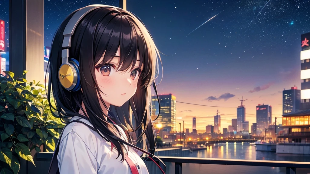 Traveling Inside the Zoo。A young girl with black hair wearing stylish clothes and headphones labeled "Lo-Fi" The girl is shown in profile, gazing into the distance with a calm, relaxed expression Background depicts the iconic scenery of Namba, Osaka at night, without any text on signs A starry night sky adding to the peaceful atmosphere Overall mood is quiet and serene, perfect for Lo-Fi music Detailed hair rendering and careful attention to the girl's fashionable outfit The entire scene should evoke a relaxing, introspective feeling associated with Lo-Fi music