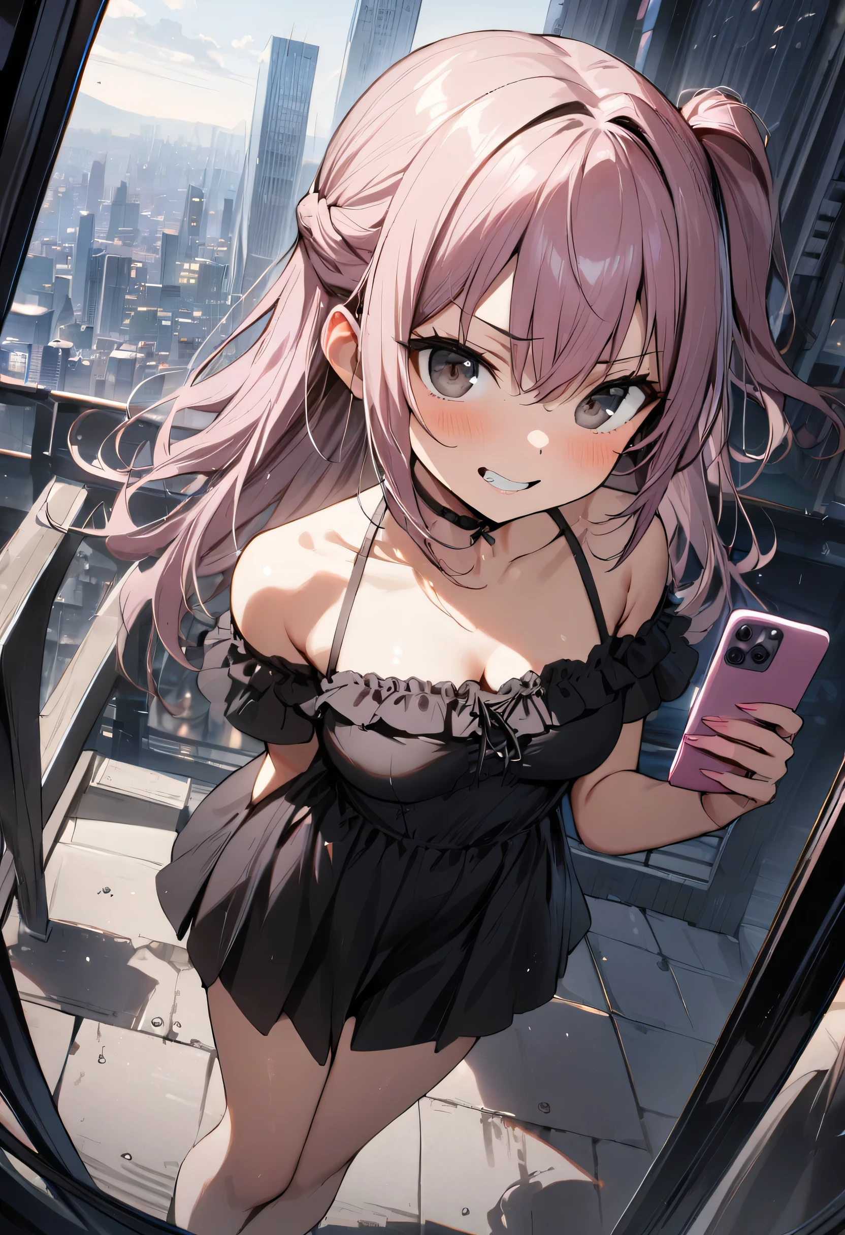 (((1girl))), ((little girl)), whole body, perfect face, medium breasts, looking at viewer, (((half updo))), (one side up), Mauve pink hair, off-shoulder shirt, tsurime, black eyes, evil grin, holding phone, Framing a shot with a phone, city, dynamic angle, masterpiece, best quality, high details, anatomically correct, high quality, best quality