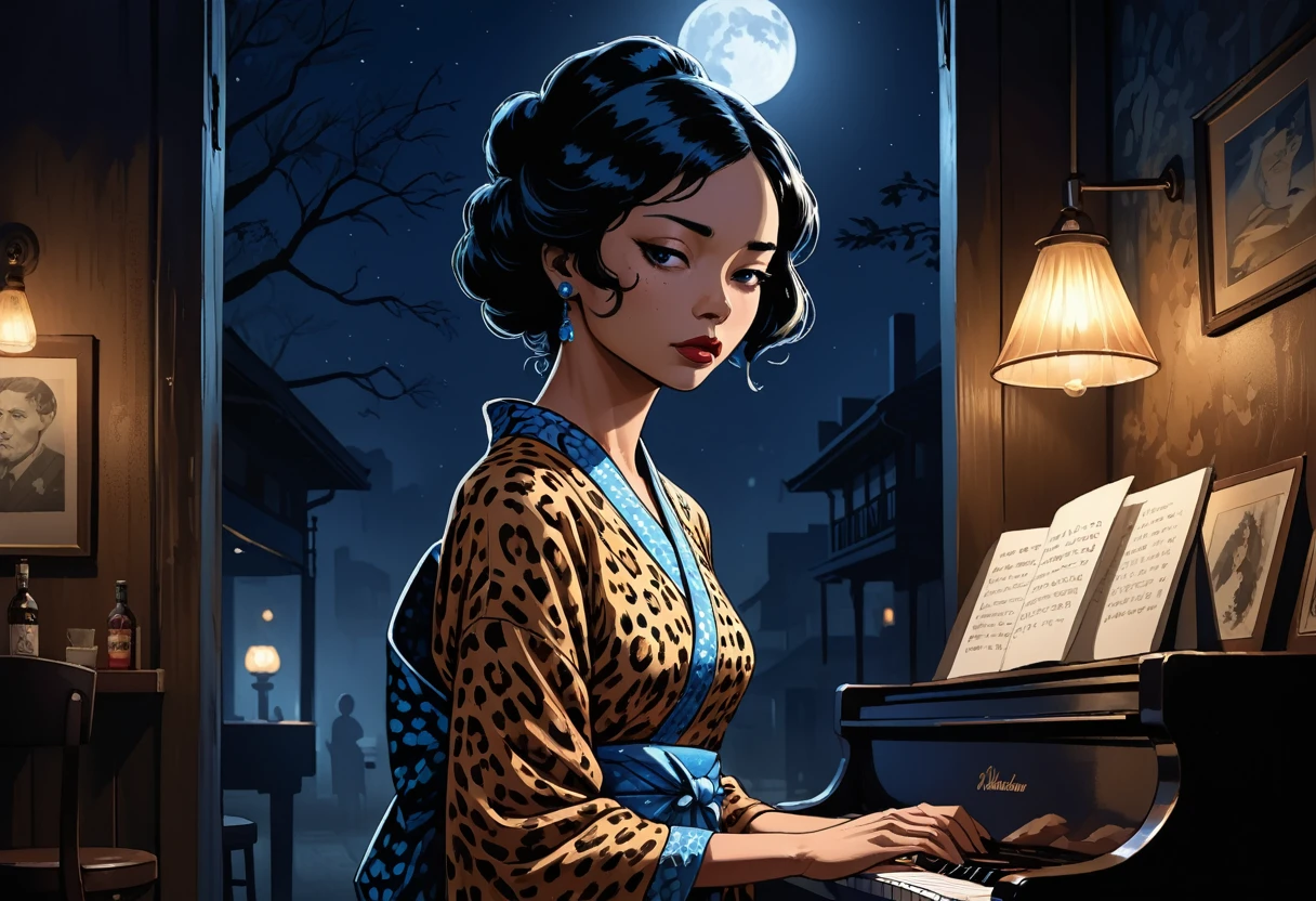 obert johnson, gritty, alabama bar, blue note, charismatic , leopard skin dress, illustration, noir fantasy, lone lady, sad ending, japanese kimono woman pianist blues bluesmusic blues bar sad feeling dark moonlight usa america south blues bar
