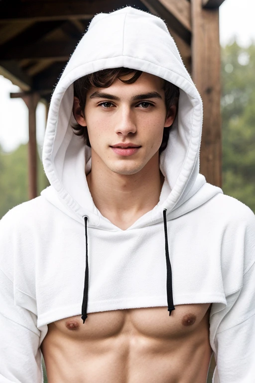 Young handsome cute white white skin soft skinny beautiful face shirtless with a hood 