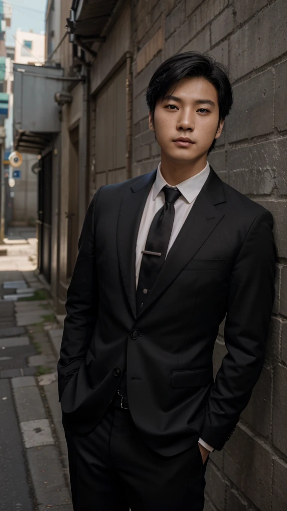 Photo of young Korean man aged 20 with medium muscle, Bblack hair,de corpo inteiro,inspired no ator lee jun-ho ,he is wearing formal clothes, a suit and tie, looking at the camera in an alley,8k ,ultra realisitic 