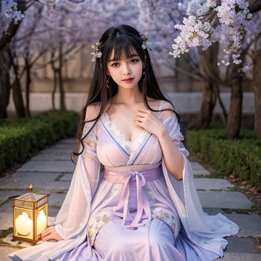 best quality, Delicate face,beautiful visual work, lifelike, eternity, black hair, Long curly hair, blunt bangs, Smile, Detailed Background, Delicate face,blush,cold,((masterpiece))、(top quality)、8k、high detail、Super detailed,21 years old female,身穿唐制Hanfu、waist skirt, Clothes are light and fluffy,Hanfu, wide sleeves, Transparent sleeves, Tunic, Clothes made of chiffon, Seductive and whimsical style、masterpiece、born、Scenes resembling fairy tale illustrations、intricate details和複雜的設計、Beautifully、magic、capricious、 Beautifully、Dream aesthetics、「𝓡𝓸𝓶𝓪𝓷𝓽𝓲𝓬、ethereal、charming、fickle、magic」、realism、Visual effects、FXAA、SSAO、Shader、voiceless、ambient lighting、Tone mapping、High resolution、Ultra high quality、Million pixels、(8K resolution:1.10)、8k、8k以下、8K resolution、high detail、intricate details, (high quality:1.2、masterpiece:1.2、:1.21)、(21 years old female:1.21)、(興奮地Smile)、(被dream般的氛圍所包圍、Model diagram,full-body shot,Normal 2 feet,Put your hands behind you,The protrusion of the breast is visible when wearing clothes, Large Breasts, H cup chest, antiquity, Xian Xia, gauze clothes, Soft and fluttering, Fairy, dream, fantasy, light, Elegant, nature, Immortal, romantic, classical, ribbon, light purple clothes, in tall coniferous forest