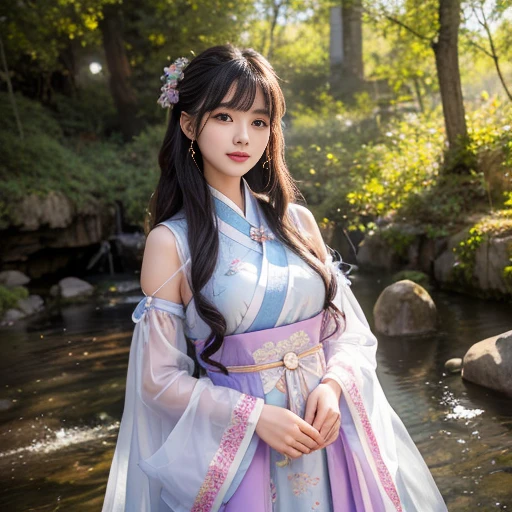 best quality, Delicate face,beautiful visual work, lifelike, eternity, black hair, Long curly hair, blunt bangs, Smile, Detailed Background, Delicate face,blush,cold,((masterpiece))、(top quality)、8k、high detail、Super detailed,21 years old female,身穿唐制Hanfu、waist skirt, Clothes are light and fluffy,Hanfu, wide sleeves, Transparent sleeves, Tunic, Clothes made of chiffon, Seductive and whimsical style、masterpiece、born、Scenes resembling fairy tale illustrations、intricate details和複雜的設計、Beautifully、magic、capricious、 Beautifully、Dream aesthetics、「𝓡𝓸𝓶𝓪𝓷𝓽𝓲𝓬、ethereal、charming、fickle、magic」、realism、Visual effects、FXAA、SSAO、Shader、voiceless、ambient lighting、Tone mapping、High resolution、Ultra high quality、Million pixels、(8K resolution:1.10)、8k、8k以下、8K resolution、high detail、intricate details, (high quality:1.2、masterpiece:1.2、:1.21)、(21 years old female:1.21)、(興奮地Smile)、(被dream般的氛圍所包圍、Model diagram,full-body shot,Normal 2 feet,Put your hands behind you,The protrusion of the breast is visible when wearing clothes, Large Breasts, H cup chest, antiquity, Xian Xia, gauze clothes, Soft and fluttering, Fairy, dream, fantasy, light, Elegant, nature, Immortal, romantic, classical, ribbon, light purple clothes, in tall coniferous forest