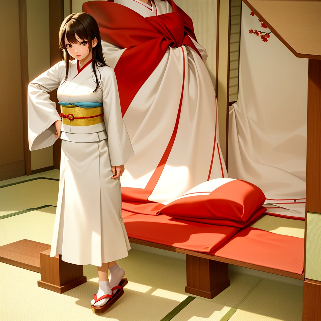 ((Japanese inn front desk))、((Ultra fine)),Highest quality,masterpiece,((1 girl)),(Standing posture)),solo,((whole body)),Looks elegant,(,((face)),Expressionless,cute,[[[[Wavy Hair]]]],挑発的な笑face,Shoes on your feet,White background、