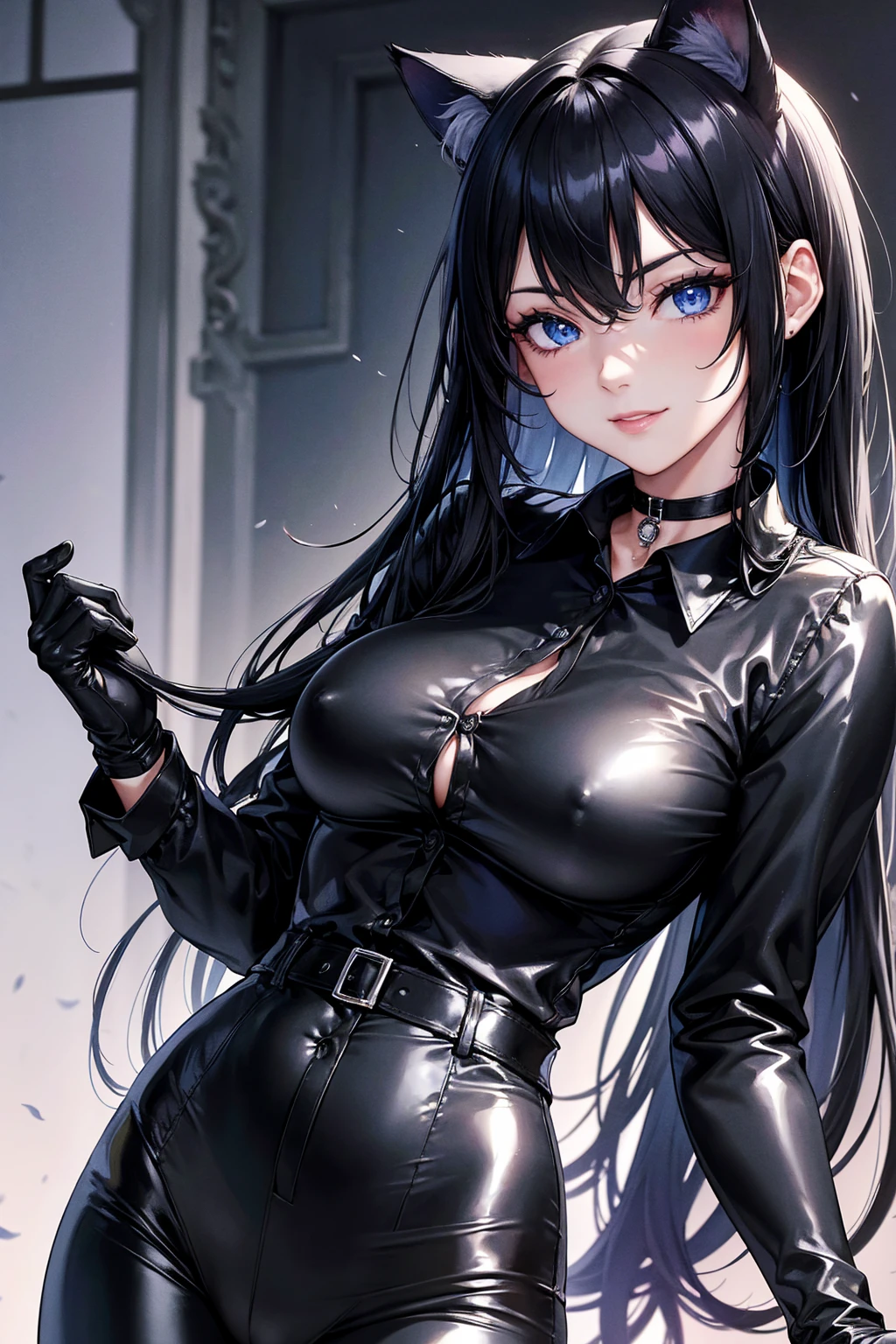 masterpiece, Superior image quality, High resolution, 4k image,photo and gross, photorealistic, whole body, 1 girl, walking, big breasts, {{{vagina}}}, beautiful face, long black hair, blue eyes, very detailed eyes, cat ears, seductive expression, smile, choker:1.6, (white long sleeve button down collar shirt), black gloves, gloves that cover hands, (shiny black leggings), Sensual Lips, show details in the eyes, front view, looking at the viewer, Mansion, at daytime, illuminated