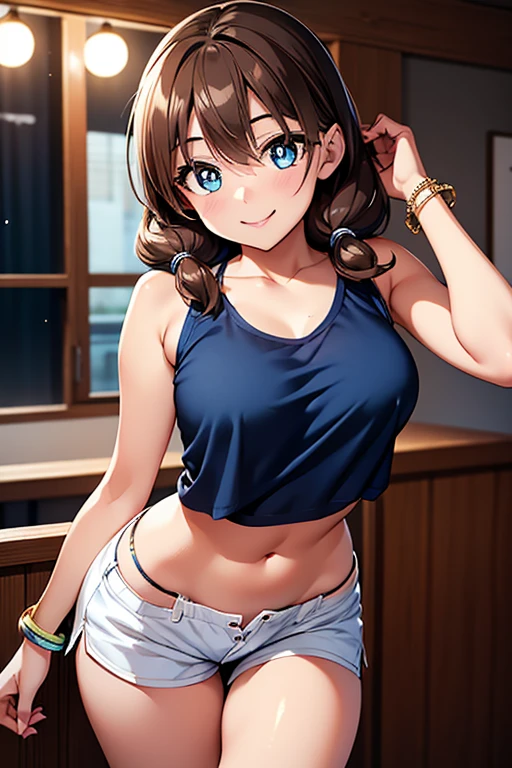 Megumi Amano、Shiny brown hair, Twin tails, Beautiful Blue Eyes、Small waist、Small breasts、Modest chest、smile、Sparkling eyes, (fine grain)、Very fine eye、Very detailed顔, Very detailed目, Cowboy Shot、



(masterpiece, Highest quality, Very detailed, High resolution, 4K),(Beautiful attention to detail),(Very detailed顔),(One girl),High resolution,Long Hair, Shorts,  bracelet, Tank top, jewelry, clock, lips, Focus Only, Manicure, Blurred background, smile, wristclock, Realistic, Blurred, View your viewers