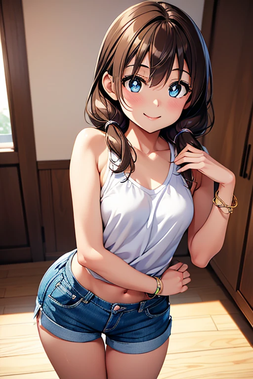 Megumi Amano、Shiny brown hair, Twin tails, Beautiful Blue Eyes、Small waist、Small breasts、Modest chest、smile、Sparkling eyes, (fine grain)、Very fine eye、Very detailed顔, Very detailed目, Cowboy Shot、



(masterpiece, Highest quality, Very detailed, High resolution, 4K),(Beautiful attention to detail),(Very detailed顔),(One girl),High resolution,Long Hair, Shorts,  bracelet, Tank top, jewelry, clock, lips, Focus Only, Manicure, Blurred background, smile, wristclock, Realistic, Blurred, View your viewers