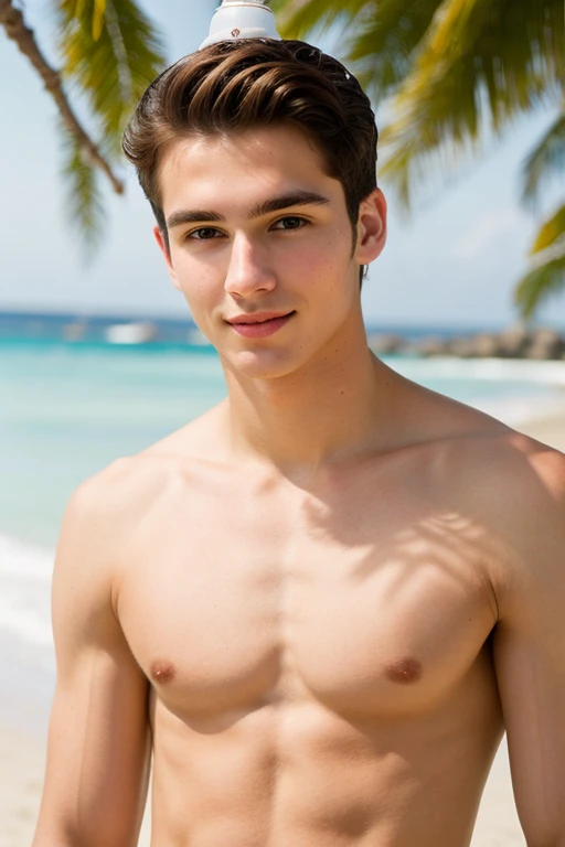 Young handsome cute white white skin soft skinny beautiful face shirtless with a bell parajo bird