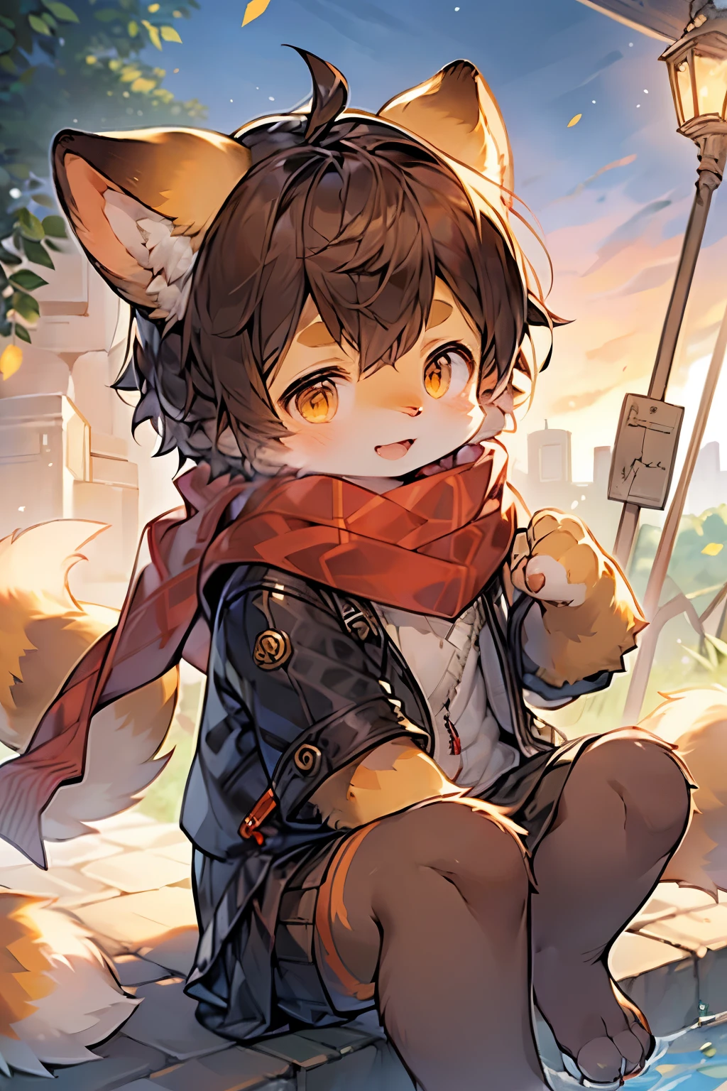 red panda girl，Facial features of red panda，Furry girls，Baby characteristics，Brown hair，Yellow skin，scarf，Short skirt，