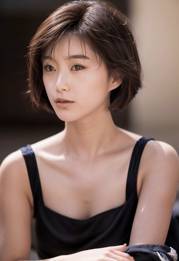(masterpiece:1.2), Very detailed, Ultra-high resolution, (Realistic, photo Realistic:1.6), High-resolution RAW color photos, Professional photos, Sharp focus:1.2, (Very detailed顔と肌の質感, Very beautiful eyes, Glossのある肌, Glowing Skin, Glowing Skin, Shining Face, Gloss, Oily skin, greasy face, Oily skin, greasy face,),, (real Glossのある肌 texture), Perfect Anatomy, Very detailed背景,(Bed at night),1 female,short hair, Straight hair, bangs, Brown Hair,((Flat Chest:1.6)),Slender legs, (((A gorgeous black mini dress)))