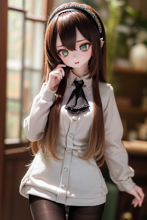 (SFW:2), photorealistic, realistic photo, 8k, ((highest quality)), ((masterpiece)), (extremely detailed), kukolnydom, doll, (mature woman, 21yo, 21 years old, solo:1.6), ((cowboy shot, contrapposto, slim, slender, skinny, medium breasts, hairband, ascot, vest, blouse, long puff sleeves, pleated skirt, black pantyhose)), (green eyes, brown hair, long hair, plastic skin, looking at another, glass eyes, gradient eyes, shining eyes, detailed eyes:1.3)
