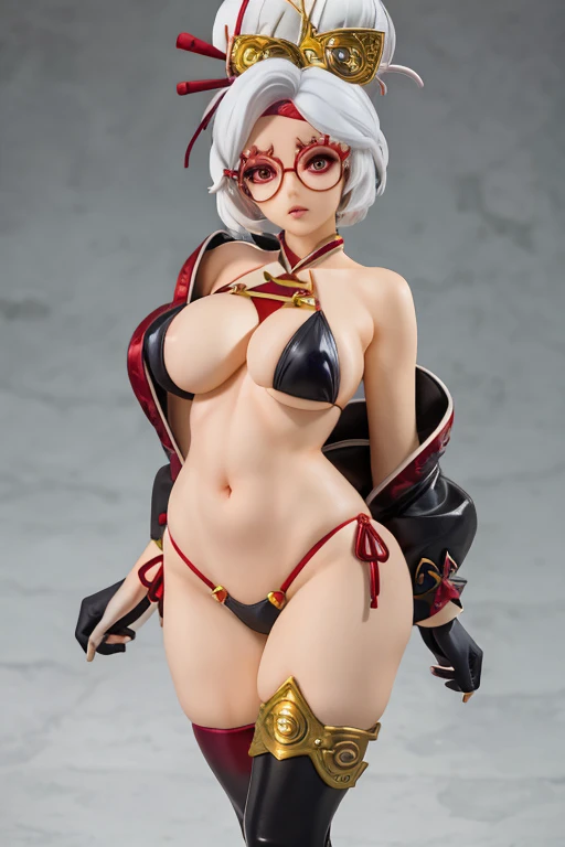 figure of, purah, white hair ,aura red glasses, hair ornament, red eyes, earrings ,lipstick, eye shadow , dark purple bikini, Mage (bikini warriors) ,black thigh-high boots, black elbow gloves,