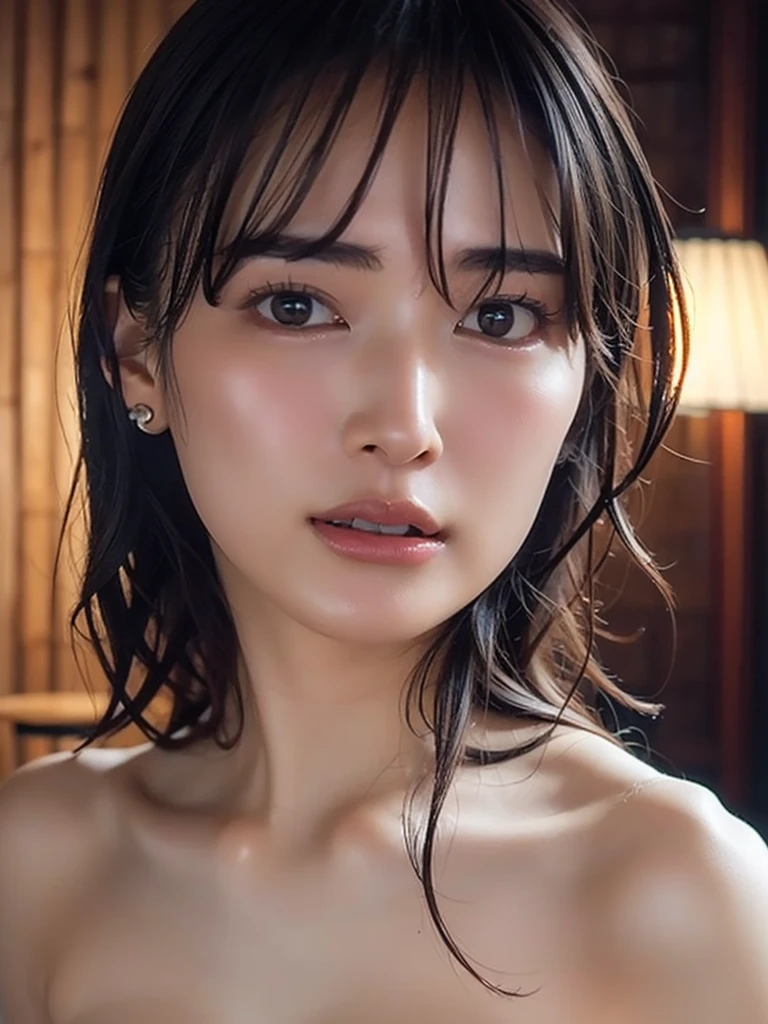 beautiful japanese woman, 30 years old, medium short length brown hair, medium sized breasts, beautiful detailed eyes, beautiful detailed lips, extremely detailed face, small head, small areola, smiling,cinematic lighting, photorealistic, 8k, high quality, hyper detailed, (rough skin:1.3), look at me, spread legs,riho yoshioka