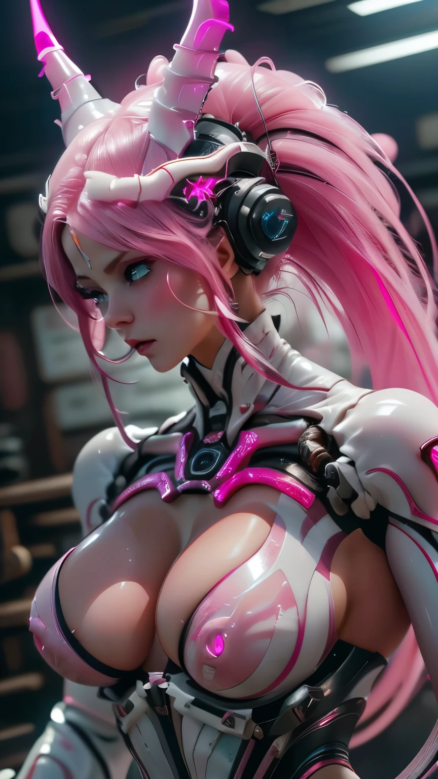 (beautiful pink devil:1.5), (carnificina:1.5),(beautiful female model:1.5), (white demon with big horns:1.25),(1 super muscular succubus with flayed skin:1.5), (covered in a thick white muscle suit:1.5), (perfect anatomy exposed:1.5), high level of detail, best qualityer, work of art, fine-details, textura de pele realista, 85 mm art lens, f1.2, sharp focus, 8K High Definition, incredibily detailed, intrikate, white background, pink  hair, bright white light in the background, huge, saggy chest, beautiful  face, hair blue, purples eyes, pink highlights A Cyborg demon sexy big breasts athletic body thick thighs White background white lighting robotic blackheads with red neon nafw switch