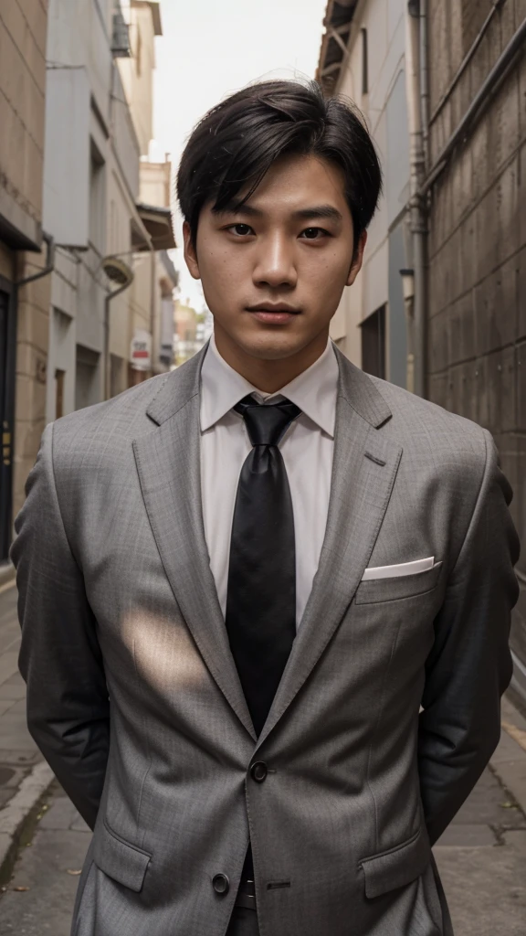 Photo of young muscular 20 year old Korean man, black hair falling on the forehead,de corpo inteiro,inspired no ator lee jun-ho ,he is wearing formal clothes, a suit and tie, looking at the camera in an alley,8k ,ultra realisitic