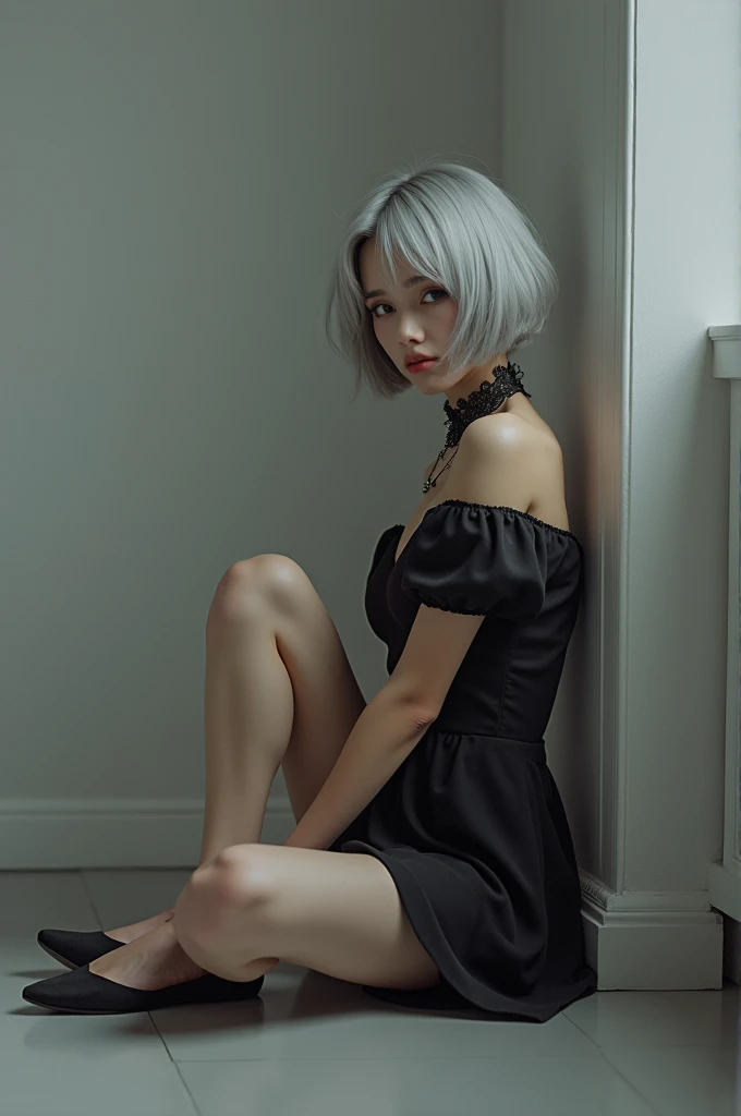 (RAW photo, best quality, masterpiece: 1.2), (photorealistic: 1.4), best lighting, 20 years old, (light gray hair, short bob cut, hair in 7 thirds, hair over one ear, :1.15), (Symmetrical eyes, solo, medium breast, Detailed Skin, :1.2), ((Light gray walls and floor, photo studio, sitting on floor, sitting against the wall, black and white off the shoulder short length dress, black lace choker, slender necklace, wearing black high heels, clean legs, cinematic lights, sensual look, from side))