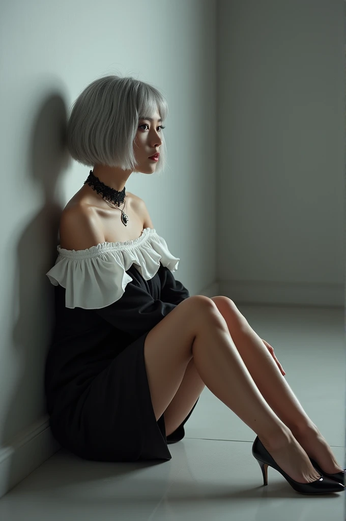(RAW photo, best quality, masterpiece: 1.2), (photorealistic: 1.4), best lighting, 20 years old, (light gray hair, short bob cut, hair in 7 thirds, hair over one ear, :1.15), (Symmetrical eyes, solo, medium breast, Detailed Skin, :1.2), ((Light gray walls and floor, photo studio, sitting on floor, sitting against the wall, black and white off the shoulder short length dress, black lace choker, slender necklace, wearing black high heels, clean legs, cinematic lights, sensual look, from side))