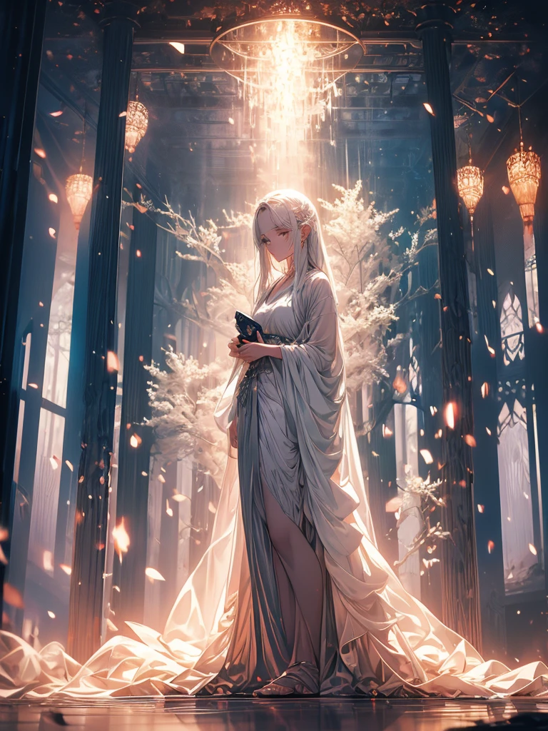 Beautiful girl in a transparent gray robe standing in a dark forest, Magnificent style, Octane Rendering, Desert Composition, Beautiful Face, Detailed face, Surreal, Oil on canvas, Awards, artwork, Art Station Trends, Studio Ghibli, Close-up of a girl