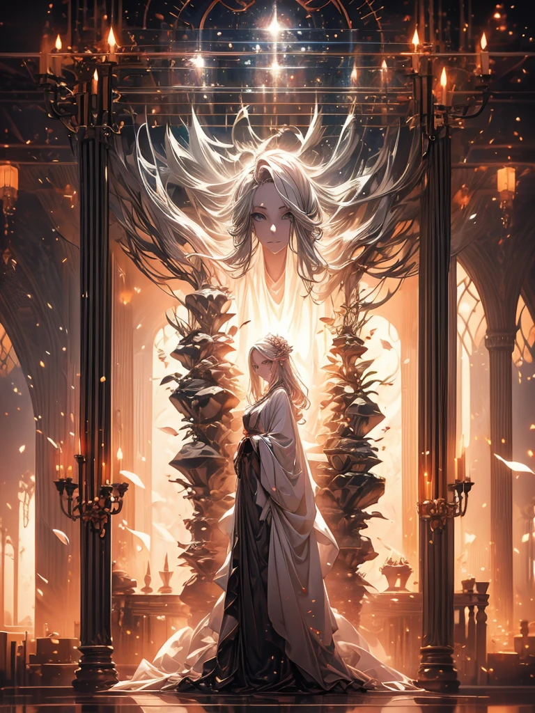 Beautiful girl in a transparent gray robe standing in a dark forest, Magnificent style, Octane Rendering, Desert Composition, Beautiful Face, Detailed face, Surreal, Oil on canvas, Awards, artwork, Art Station Trends, Studio Ghibli, Close-up of a girl