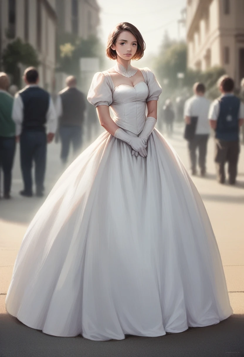 (Photo realistic:1.55), masterpiece, Best Quality, oftallado, blurry, depth_of_field, blurry_bottom, blurry_foreground, 1 girl, gloves, white_gloves, dress, motion_blur, Photo_(half), Alone, white_dress