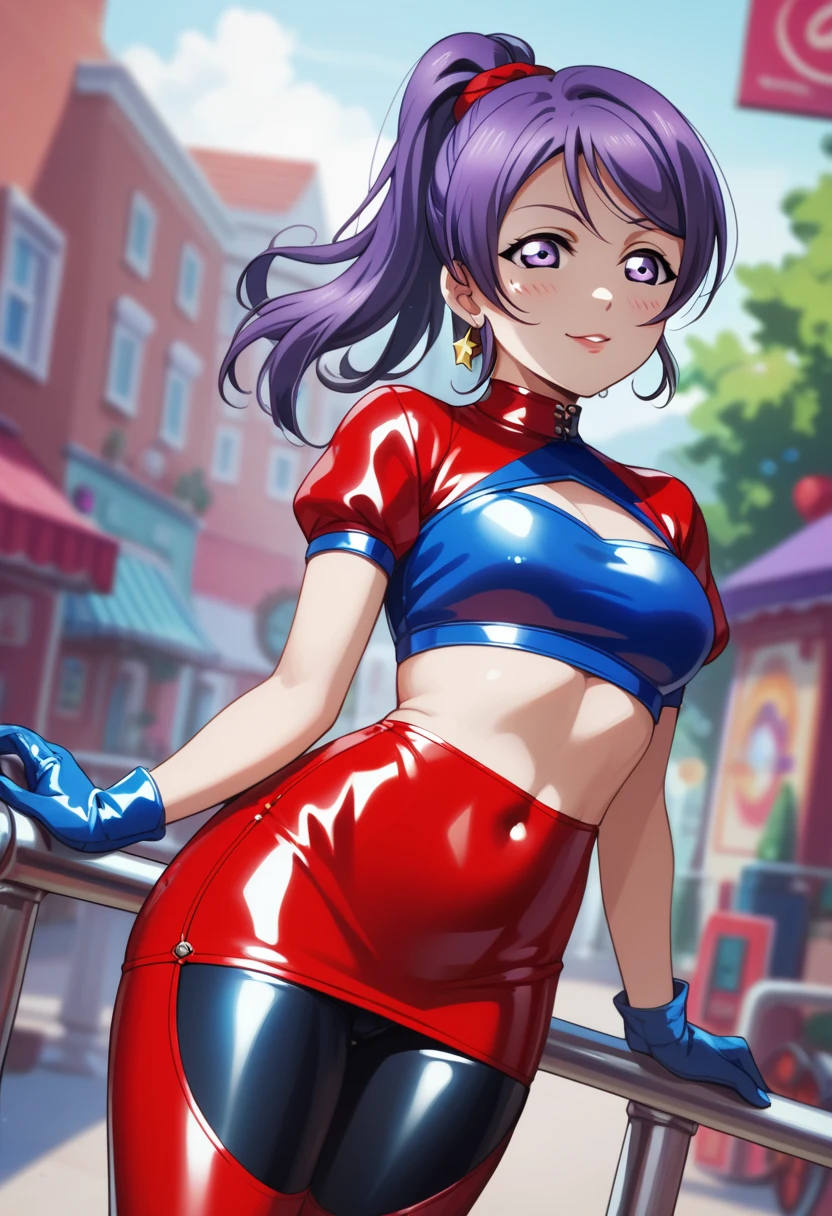 1girl,long purple hair, purple eyes, latex red crop top, blue short sleeves, blue gloves,red small latex skirt, blue bike shorts, standing,(lipstick:0.7), love live style 