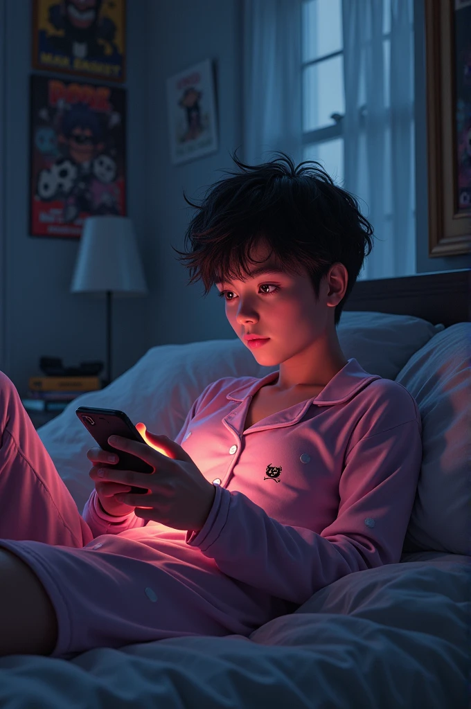 masterpiece, best quality, (extremely detailed CG unity 8k wallpaper), (best quality), (best illustration), (best shadow), absurdres, realistic lighting, (Abyss), beautiful detailed glow, art by PeterMohrBacher. Mateo, approximately 28 years old, with his slender yet slightly curvy body and short wavy hair, wearing a cute pajama set, is lying on his bed, looking at his phone. Small breasts visible under his top. He has a slightly masculine face and the room is filled with video game posters and gaming consoles, with the messy bed visible in the background. The scene is cozy and intimate, with dim lighting creating a relaxing atmosphere.