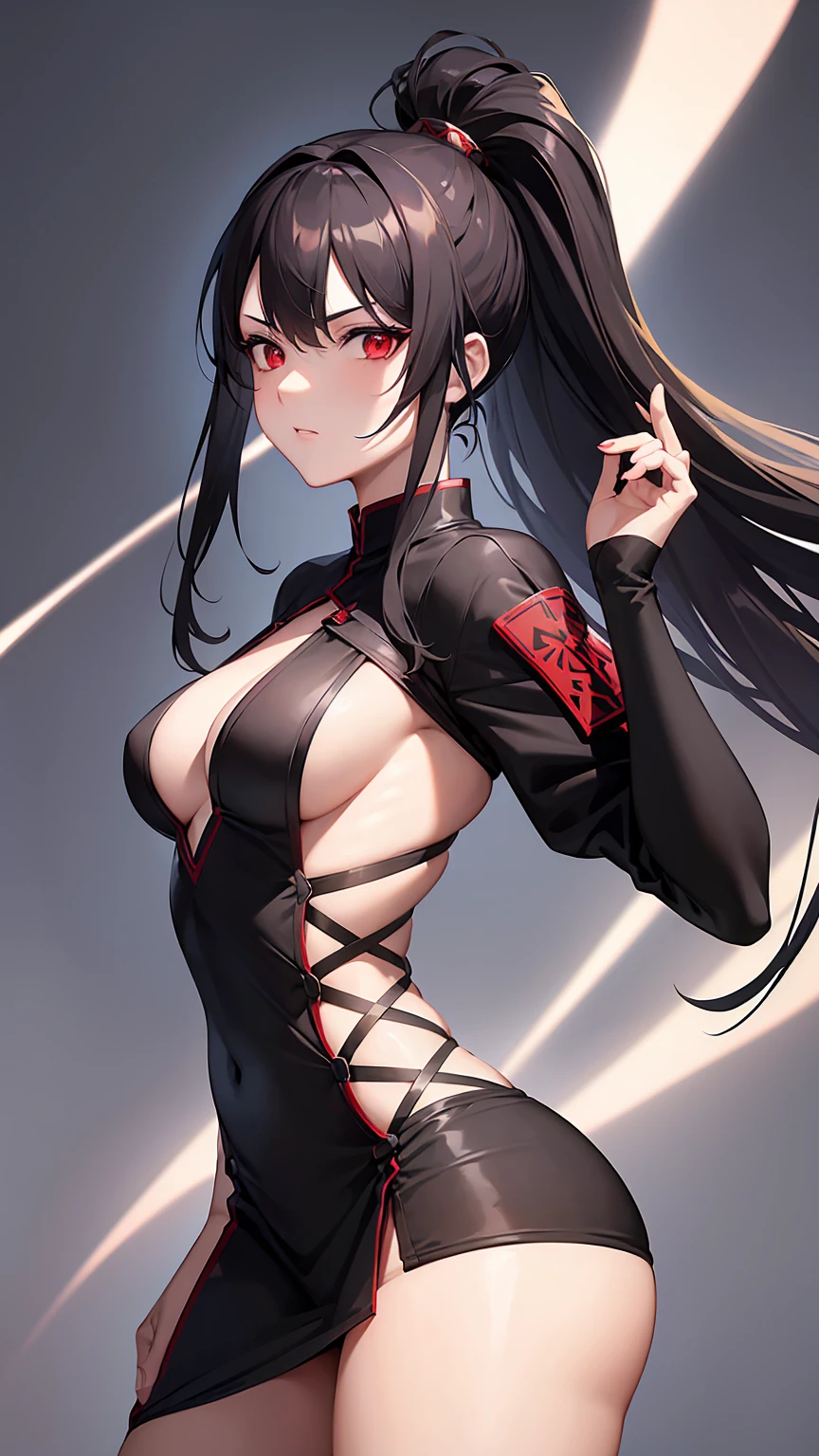 Woman1,triangle face,red eyes,black hair,braided ponytail hairstyle,Legendary hero, legendary assassin, tight black mini dress, long thigh socks, Japanese sword, ninja stars,Very details CG, module, 8K wallpapers, top quality, high precision, beautiful lighting, realistic shade, high precision, detailed skin, very detailed, faces and detailed eyes, realistic eyes, cowboy shot