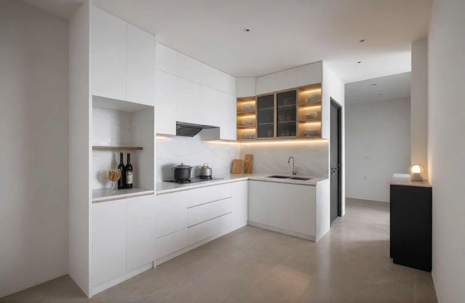 Raw photo,Masterpiece, high quality, best quality, authentic, super detail, indoors, interior ,(( dining room : 1.3)), modern style, daylight, (WHITE WALL), (((the right corridor ))), marble counter top and island