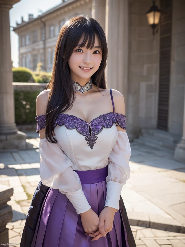 a beautiful japanese girl, very cute junior high school girl assassin, detailed portrait of innocent 15 years old virgin, in front of a lord's manor at the main entrance, (off-shoulder silver breastplate, purple slit long skirt, purple arm cover:1.1), ((full body, standing)), (coy demonic smile, white teeth, open mouth wide), blushing, fidgeting hands, perfect body, firm and elastic skin, lively faces, glowing lips, hands clasped in front, small breasts, cleavage, beautiful legs, glossy straight medium black hair, asymmetrical bangs, hair flutters, ((best quality, 4k, 8k wallpaper, highres, masterpiece, ultra-detailed, realistic, photorealistic, photo-realistic, intricate detail, highly realistic:1.3)), dramatic lighting, muted color palette, cinematic composition, emotional portrait