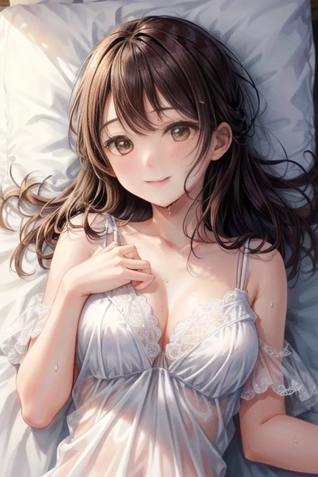 Asahi illuminates the room, beautiful girl, ((Lying on the bed in the bedroom)), (smile, Red cheeks), white camisole,(Delicate lace), Slender body, (( Mid-chest)), (Highest quality), (Highly detailed skin),Medium Hair, (Smooth Hair, Thin Hair, Very Thin Hair, ), (My bangs get wet, Hair on the sheets), (Beautiful girls), Detailed eyes,(Droopy eyes:1.2), Delicate and beautiful face, Exquisite detail, Highest quality, 8k, Gentle sunlight, An air of silence , (Asahi), Painting the world with a gentle glow,  White wall, (White sheets) , Morning Silence, (Calm morning air), Peaceful Expressions, Embarrassed face, Lying in bed, (Very cute look, Coquettish), (Shooting from above), ((Red cheeks))