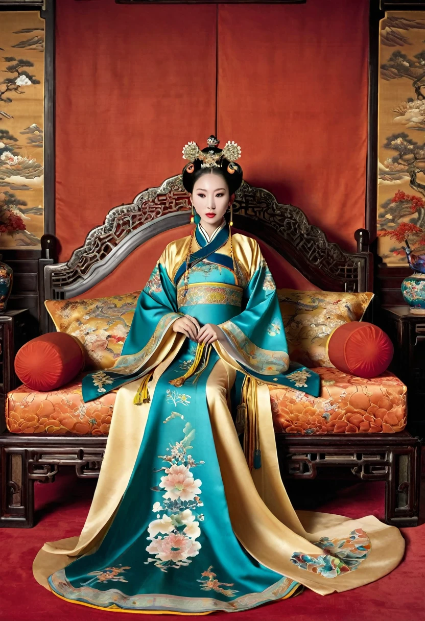 Gorgeous Empress of the Chinese Court during the Qing Dynasty Gorgeous Empress of the Chinese Court on a sofa, nude, large and golden, with her legs on the sofa, wide open, knees bent, in an M pose (pornographic pose), with her hair tied on both sides The background of this perverted and erotic woman wearing a crown and tying her hair is the Chinese court of the Qing Dynasty. The scene is set in the luxurious room of an empress in the Qing Dynasty Chinese court.

Translated with DeepL.com (free version)
