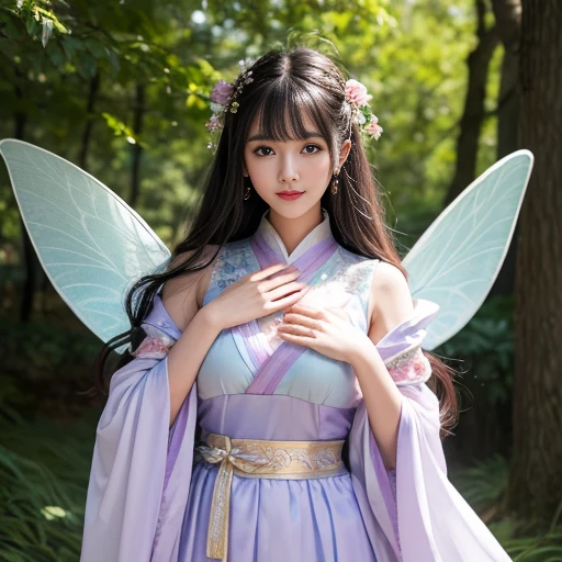best quality, Delicate face,beautiful visual work, lifelike, eternity, black hair, Long curly hair, blunt bangs, Smile, Detailed Background, Delicate face,blush,cold,((masterpiece))、(top quality)、8k、high detail、Super detailed,21 years old female,身穿唐制Hanfu、waist skirt, Clothes are light and fluffy,Hanfu, wide sleeves, Transparent sleeves, Tunic, Clothes made of chiffon, Seductive and whimsical style、masterpiece、born、Scenes resembling fairy tale illustrations、intricate details和複雜的設計、Beautifully、magic、capricious、 Beautifully、Dream aesthetics、「𝓡𝓸𝓶𝓪𝓷𝓽𝓲𝓬、ethereal、charming、fickle、magic」、realism、Visual effects、FXAA、SSAO、Shader、voiceless、ambient lighting、Tone mapping、High resolution、Ultra high quality、Million pixels、(8K resolution:1.10)、8k、8k以下、8K resolution、high detail、intricate details, (high quality:1.2、masterpiece:1.2、:1.21)、(21 years old female:1.21)、(興奮地Smile)、(被dream般的氛圍所包圍、Model diagram,full-body shot,Normal 2 feet,Put your hands behind you,The protrusion of the breast is visible when wearing clothes, Large Breasts, H cup chest, antiquity, Xian Xia, gauze clothes, Soft and fluttering, Fairy, dream, fantasy, light, Elegant, nature, Immortal, romantic, classical, ribbon, light purple clothes, In the woods, martial arts drama scene