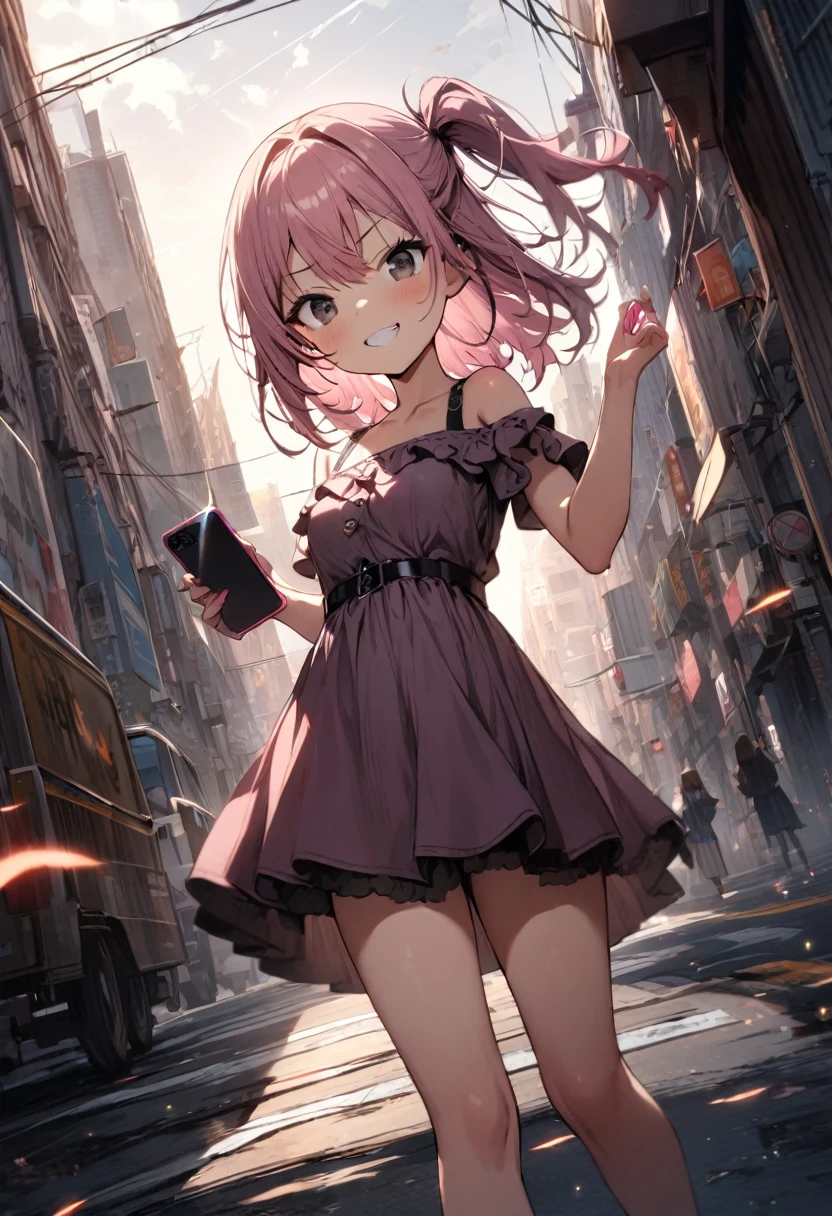 (((1girl))), ((little girl)), whole body, perfect face, medium breasts, looking at viewer, (((half updo))), (one side up), Mauve pink hair, off-shoulder shirt, tsurime, black eyes, evil grin, holding phone, Framing a shot with a phone, city, dynamic angle, masterpiece, best quality, high details, anatomically correct, high quality, best quality