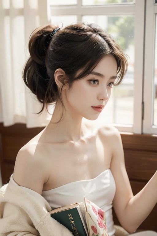(((best quality))),(((Extremely detailed))),(((masterpiece))),illustration,((1 beautiful girl, university student,Solitary)),((Slim,Thin,Small Breasts,flat chest)),(Short Ponytail:1.2),(Strapless:1.2), study, books, dormitory, Summer Afternoon, Sky, Gloomy shadows, floor, Wooden table, bookshelf, Soft warm light, lamp, Soft light, Almond eyes, textbooks, daydream, beach, City, holiday, Smile, Pen, highlight, Pen记本, date,Soft cushion, Portable fan, sooThing breeze, Summer heat, herbal tea, thirst, Potted plants, Greenery, Vibrant Leaves, Comfortable atmosphere, Determine the expression, excel exam, summer vacation, intelligence, determination, Achieve your goals,((From the front,Close-up of face))