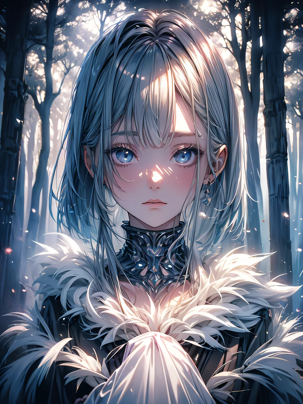 Beautiful girl in a transparent gray robe standing in a dark forest, Magnificent style, Octane Rendering, Desert Composition, Beautiful Face, Detailed face, Surreal, Oil on canvas, Awards, artwork, Art Station Trends, Studio Ghibli, Close-up of a girl