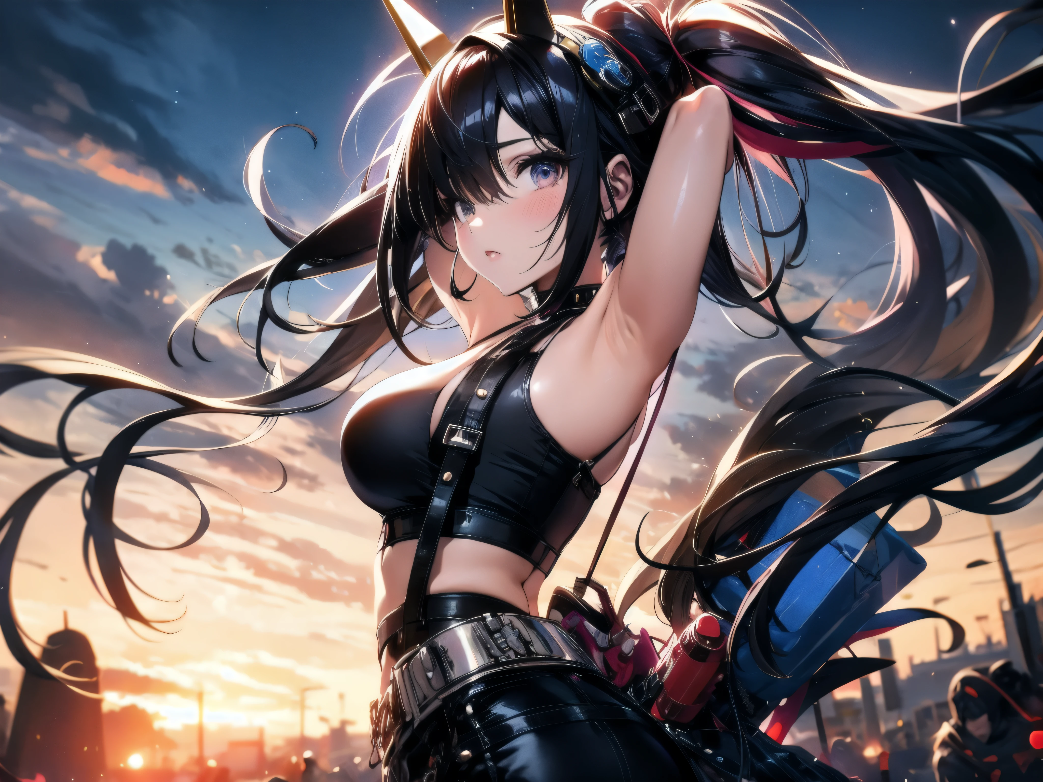 A beautiful girl with black hair in a ponytailis wearing an eye mask like a punk headgear with metal spikes, solo, mask　Arms are restrained behind his back　 super high quality A carefully illustrated masterpiece