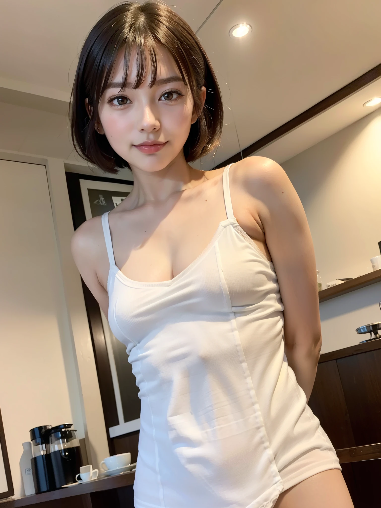 ((Best of the highest quality, 8k, Masterpiece, raw photo: 1.2)), (Sharp focus: 1.2), (1 AESPA, slim body type female, 21 y/o: 1.1), (solo: 1.28), (realistic, photo-realistic:1.37), cute face, finely eyes, (droopy eyes: 1.32), (Emphasize prominent aegyo-sal with bright: 1.2), shimmering eyeshadow applied under the lower lash line, paired with thick, (small breasts, flat chest, Thigh: 1.3), (short messy hair, bangs: 1.2), (cafe stuff, white silk camisole, panties: 1.32), walking terrace dinning, flower, (from below, arms behind back: 1.16)
