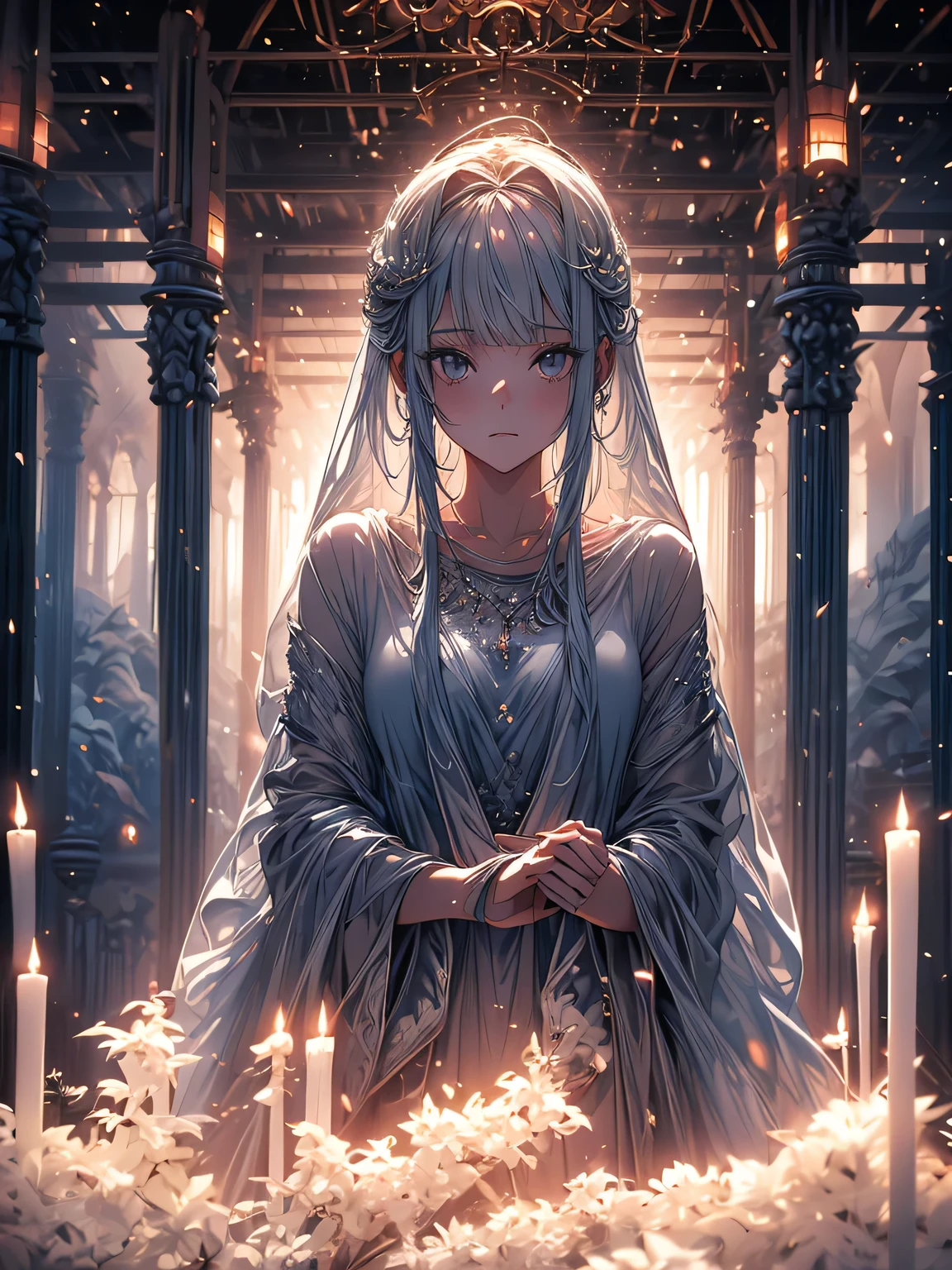 Beautiful girl in a transparent gray robe standing in a dark forest, Magnificent style, Octane Rendering, Desert Composition, Beautiful Face, Detailed face, Surreal, Oil on canvas, Awards, artwork, Art Station Trends, Studio Ghibli, Close-up of a girl