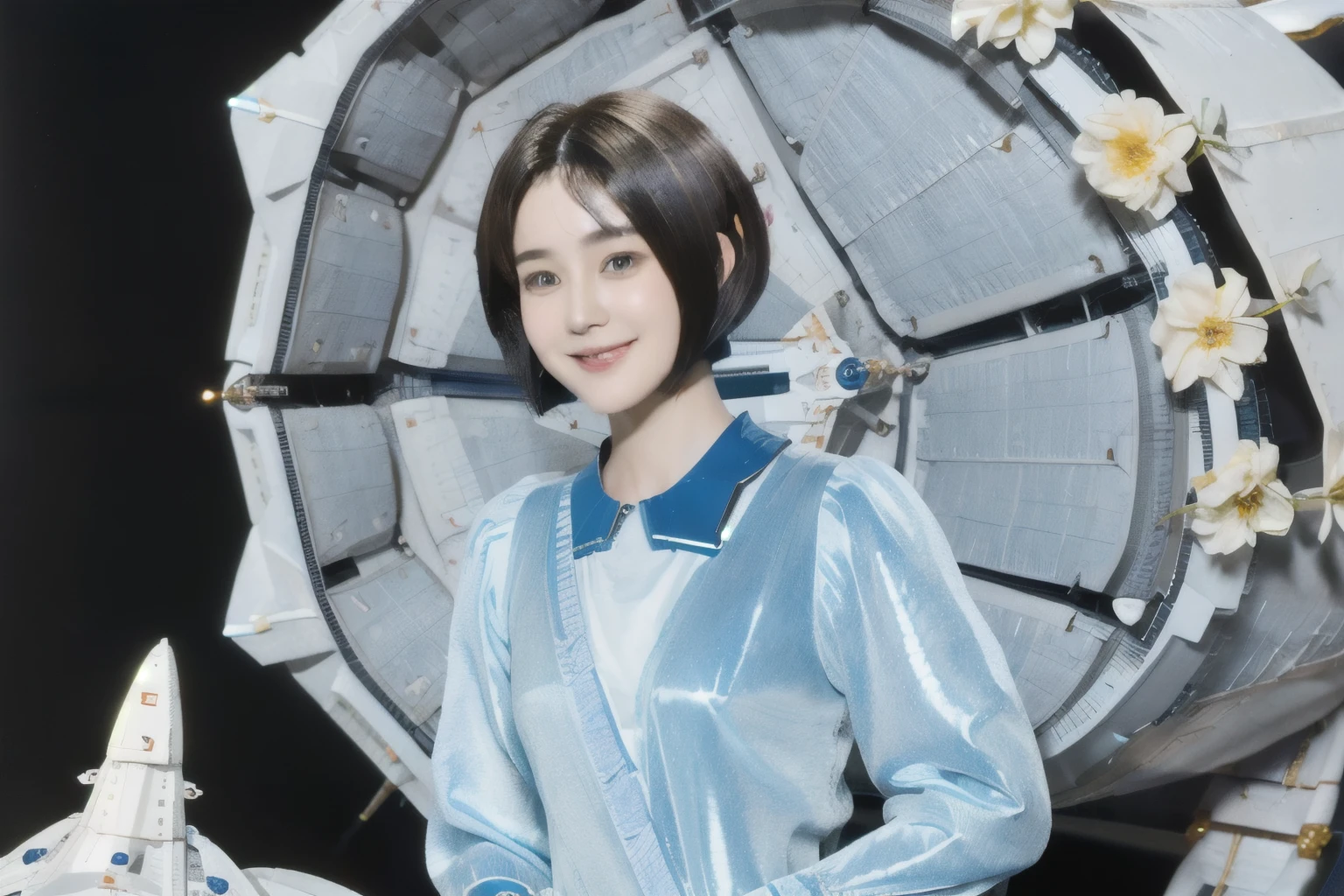 268 (20-year-old princess,Are standing),  ((short hair:1.46)), (chest:1.46), Old-fashioned smile, (flower), (Spaceship:1.46) 