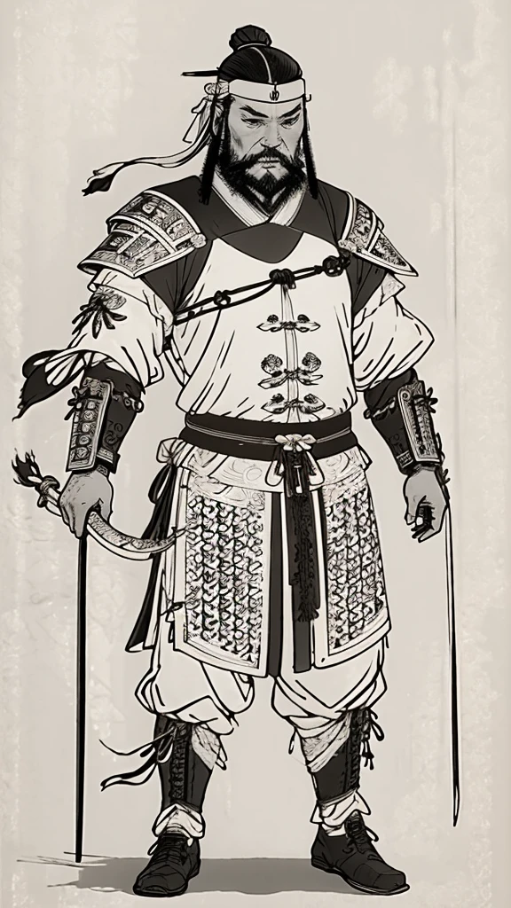 (((Monochrome)))、(((Ink Painting)))、((ancient chinese leather armor、Tie your hair up、Bearded man wearing a white swimming cap))、Hands down、Line art、Oriental、Ultra-high resolution、Game Poster、Crisp and beautiful image quality、whole body ,(((Ancient Chinese armor, Dragon head on shoulder, (Ancient Chinese armor with intricate pattern:1.2))), gloves, Long trousers, (Very detailed, bloom:1.5), (Highest quality, Concept Art, 4K), (analog:1.2), (high sharpness), (Detailed pupil:1.1), Detailed face and eyes, masterpiece, Highest quality,8k, (Black Hair, Dynamic Short Hair), (PurerosFace_v1:0.2), [:(Detailed face:1.2):0.2], sharp, Realistic Shadows, 