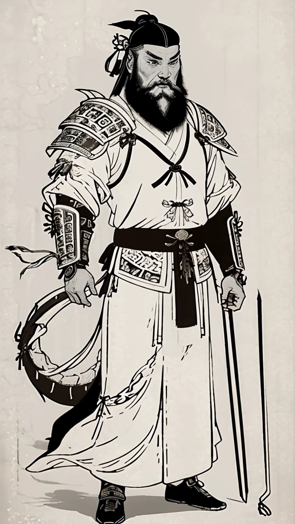 (((Monochrome)))、(((Ink Painting)))、((ancient chinese leather armor、Tie your hair up、Bearded man wearing a white swimming cap))、Hands down、Line art、Oriental、Ultra-high resolution、Game Poster、Crisp and beautiful image quality、whole body ,(((Ancient Chinese armor, Dragon head on shoulder, (Ancient Chinese armor with intricate pattern:1.2))), gloves, Long trousers, (Very detailed, bloom:1.5), (Highest quality, Concept Art, 4K), (analog:1.2), (high sharpness), (Detailed pupil:1.1), Detailed face and eyes, masterpiece, Highest quality,8k, (Black Hair, Dynamic Short Hair), (PurerosFace_v1:0.2), [:(Detailed face:1.2):0.2], sharp, Realistic Shadows, 