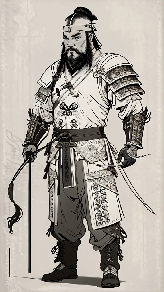 (((Monochrome)))、(((Ink Painting)))、((ancient chinese leather armor、Tie your hair up、Bearded man wearing a white swimming cap))、Hands down、Line art、Oriental、Ultra-high resolution、Game Poster、Crisp and beautiful image quality、whole body ,(((Ancient Chinese armor, Dragon head on shoulder, (Ancient Chinese armor with intricate pattern:1.2))), gloves, Long trousers, (Very detailed, bloom:1.5), (Highest quality, Concept Art, 4K), (analog:1.2), (high sharpness), (Detailed pupil:1.1), Detailed face and eyes, masterpiece, Highest quality,8k, (Black Hair, Dynamic Short Hair), (PurerosFace_v1:0.2), [:(Detailed face:1.2):0.2], sharp, Realistic Shadows, 