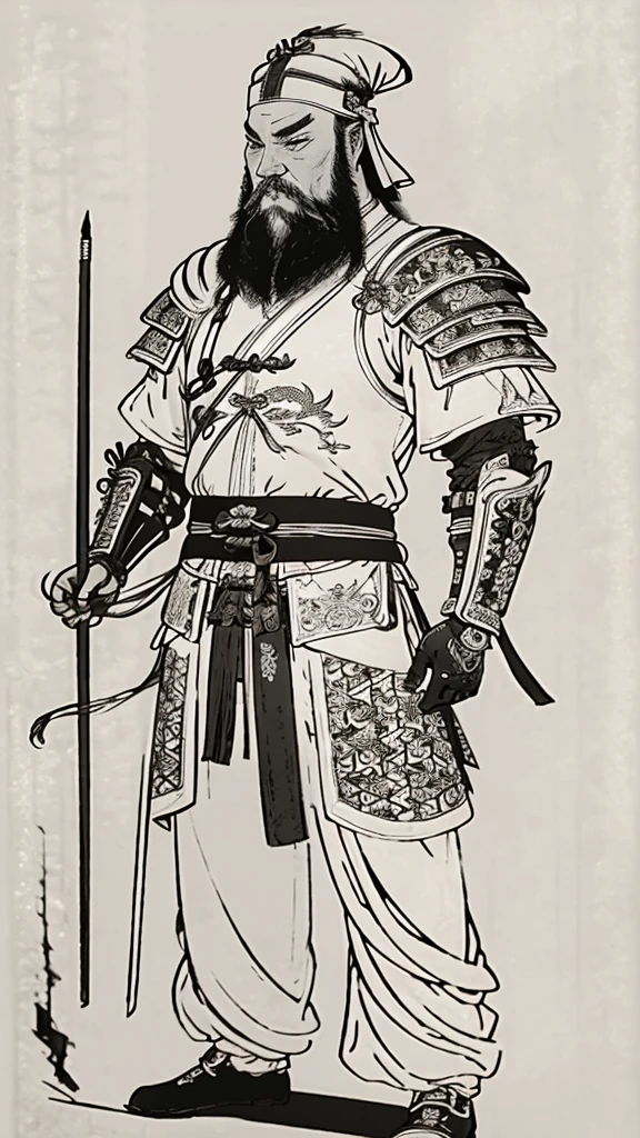 (((Monochrome)))、(((Ink Painting)))、((ancient chinese leather armor、Tie your hair up、Bearded man wearing a white swimming cap))、Hands down、Line art、Oriental、Ultra-high resolution、Game Poster、Crisp and beautiful image quality、whole body ,(((Ancient Chinese armor, Dragon head on shoulder, (Ancient Chinese armor with intricate pattern:1.2))), gloves, Long trousers, (Very detailed, bloom:1.5), (Highest quality, Concept Art, 4K), (analog:1.2), (high sharpness), (Detailed pupil:1.1), Detailed face and eyes, masterpiece, Highest quality,8k, (Black Hair, Dynamic Short Hair), (PurerosFace_v1:0.2), [:(Detailed face:1.2):0.2], sharp, Realistic Shadows, 