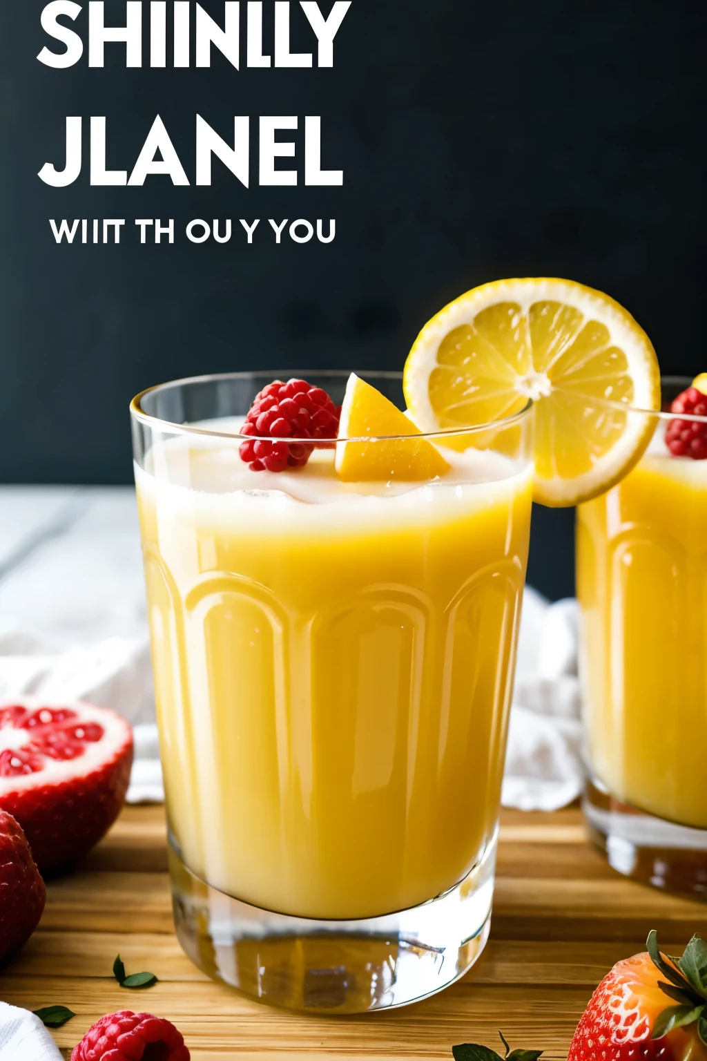 1 glass with juice and fruits, add text that says "Splashcocktail"